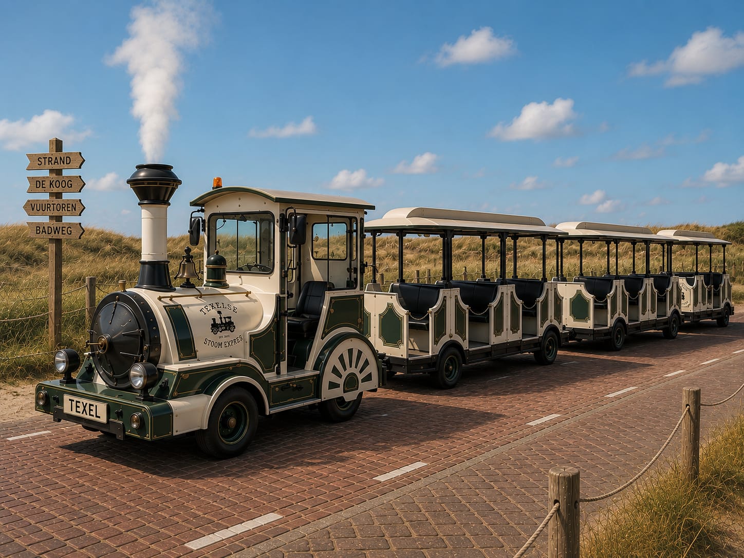 De Texelse Strand Express rijdt door de duinen bij De Koog